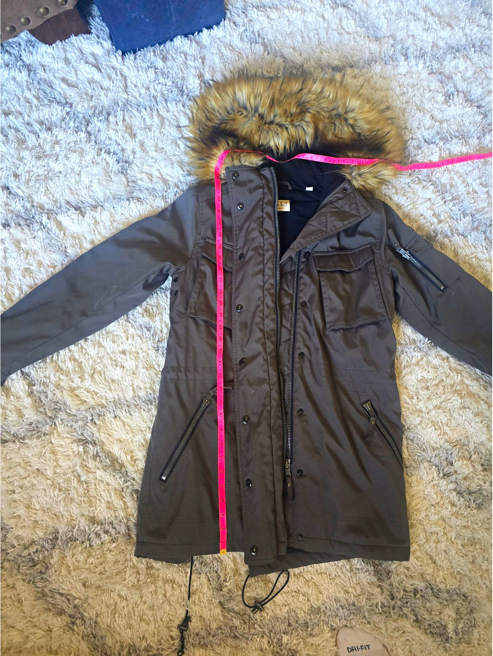 S13 New York Women’s Army green Hooded Parka Coat Faux Fur Trim Lined Size S